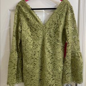 Beautiful Lace Dress, New, Light Green, Midi with V-Neck style & Flounce sleeves